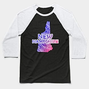 Colorful mandala art map of New Hampshire with text in blue and violet Baseball T-Shirt